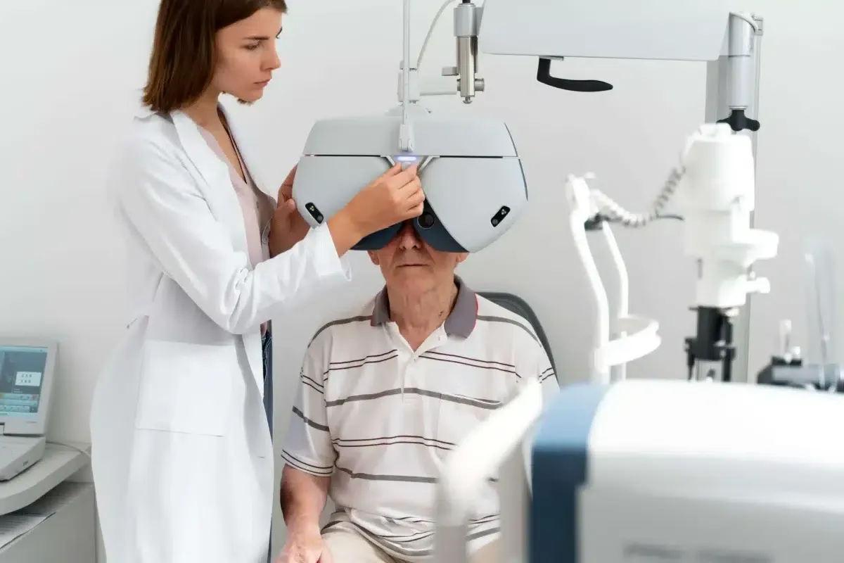 Optometrista ajustando una máquina para evaluar la vista