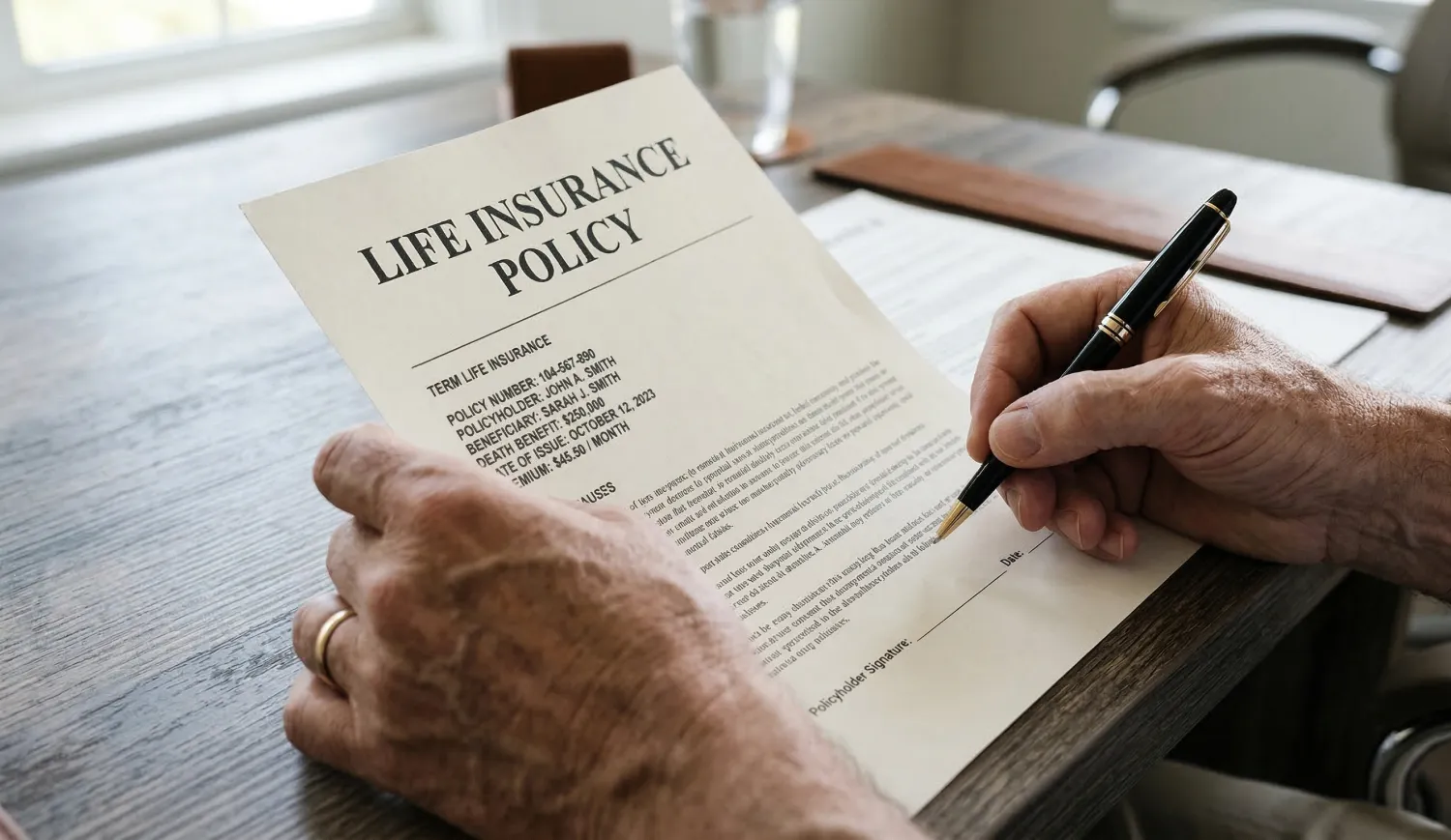 Signing a life insurance policy to supplement Medicare coverage.