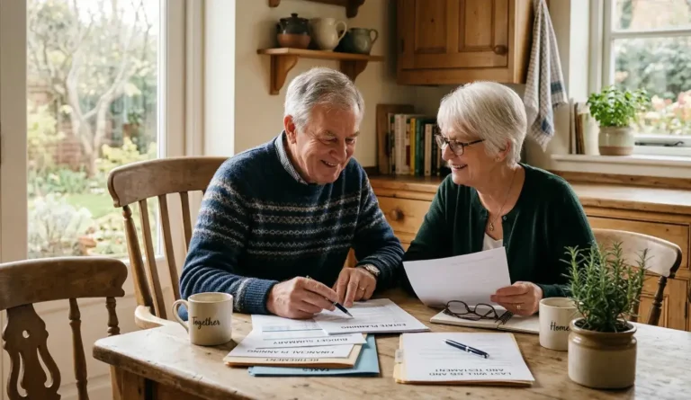 Senior couple reviewing Medicare plan options at kitchen table.