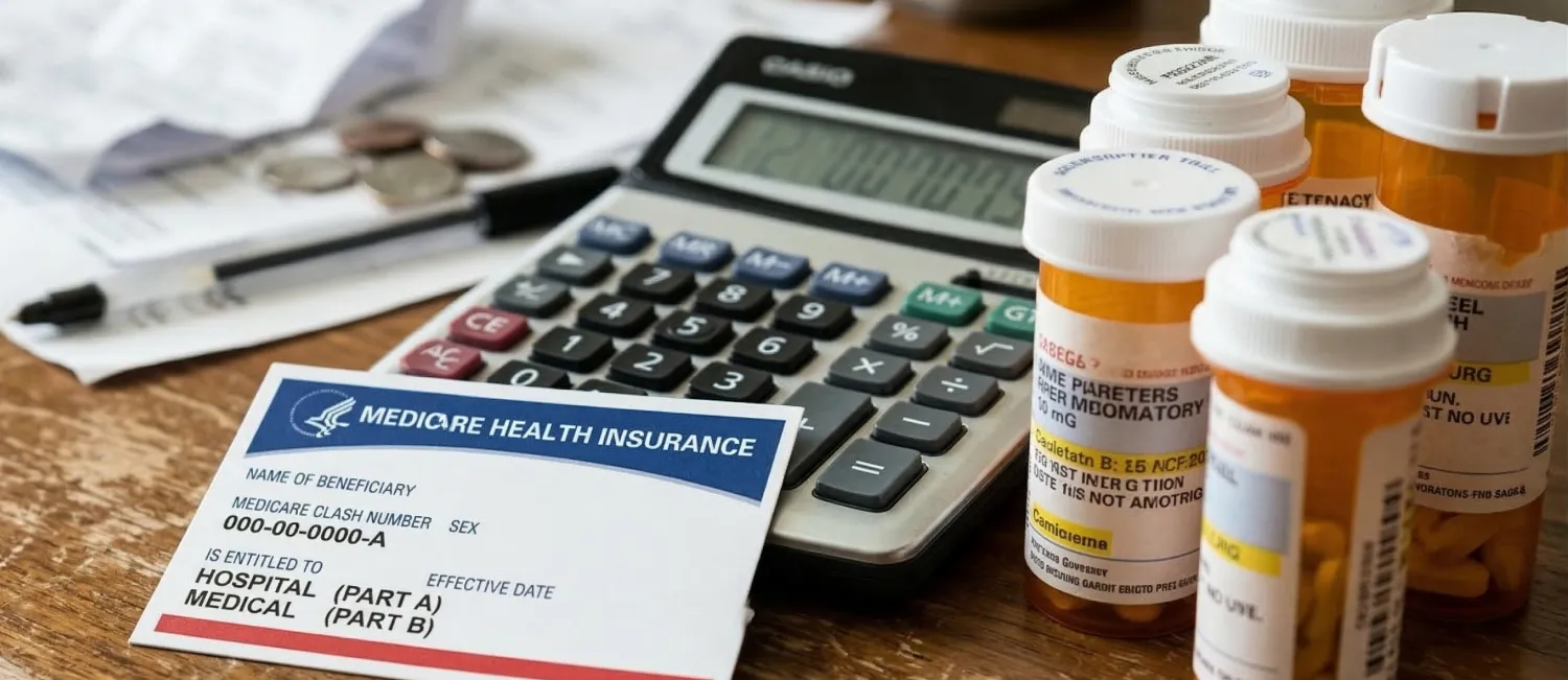 Medicare card with calculator showing 2026 healthcare costs.