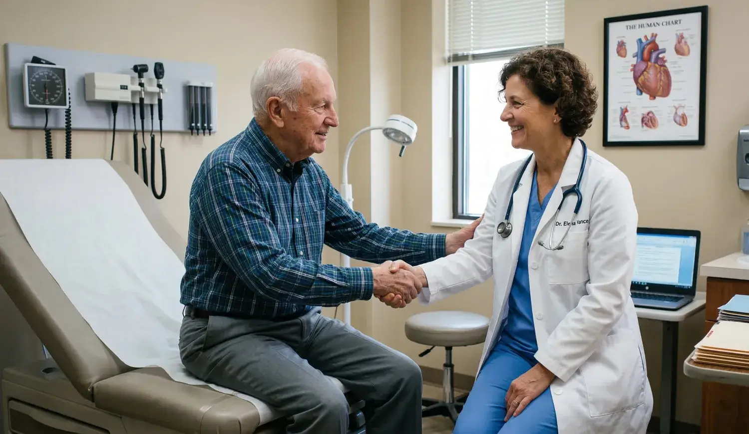 Doctor greeting a Medicare patient during an office visit.