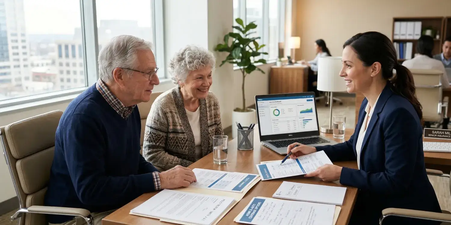 Senior couple discussing life insurance options with an insurance agent.