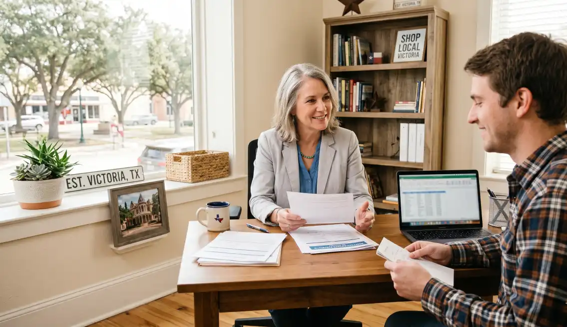 Small business owner in Victoria TX reviewing employee health benefits options