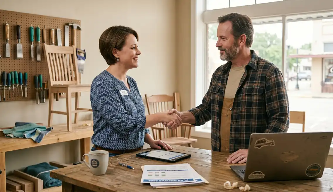 Insurance agent discussing employee health benefits with a Victoria TX business owner