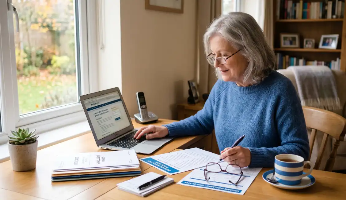 Person reviewing a Medicare checklist and enrollment documents at home