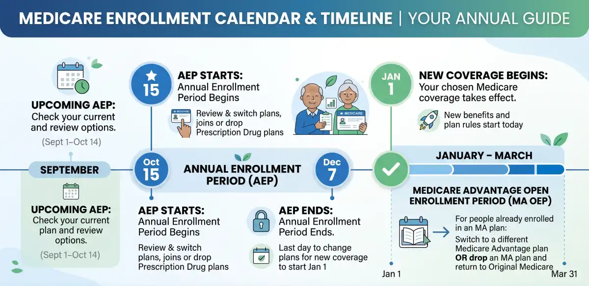 Medicare enrollment calendar showing key annual enrollment period dates