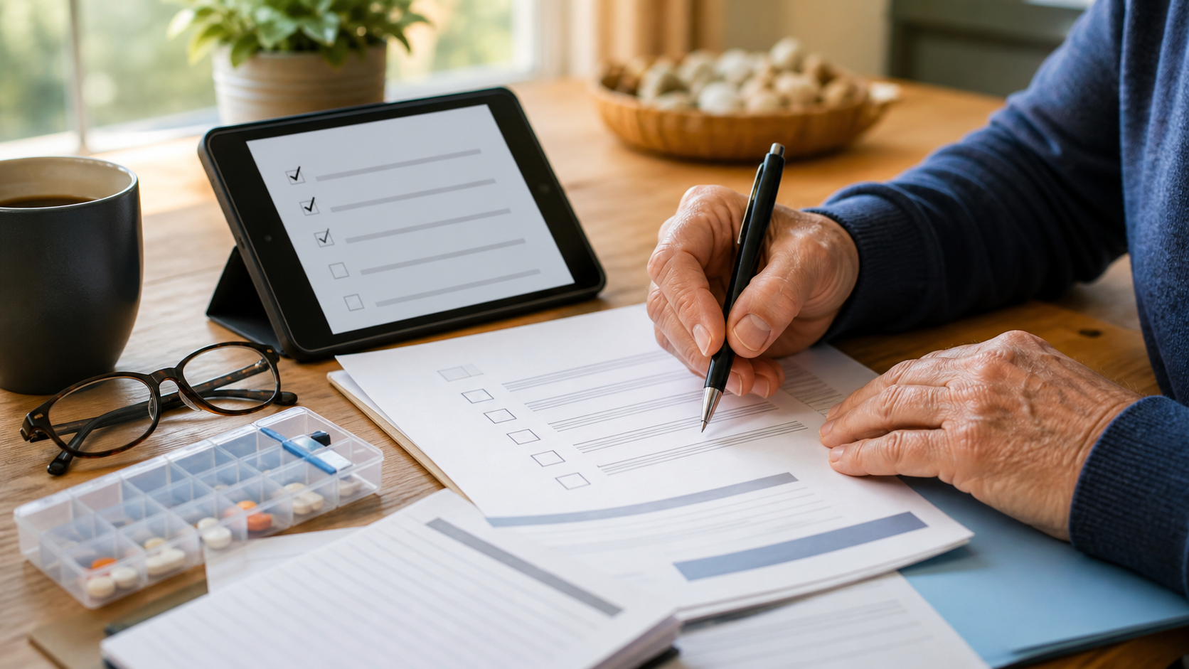 Hands reviewing a Medicare Advantage checklist with prescriptions and provider notes