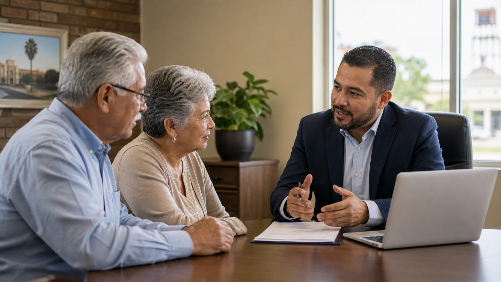 Insurance advisor meeting with older adults about Medicare Advantage options in Victoria and Port Lavaca