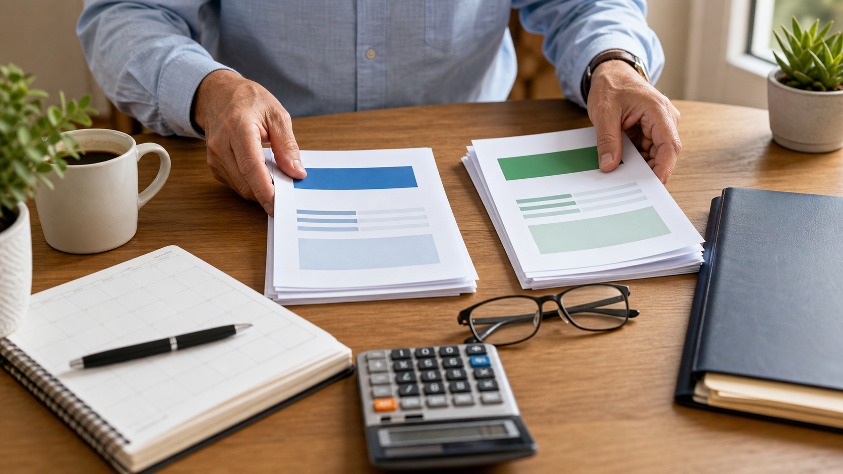 Desk with calendar and Medicare Supplement switching notes for Texas plan review