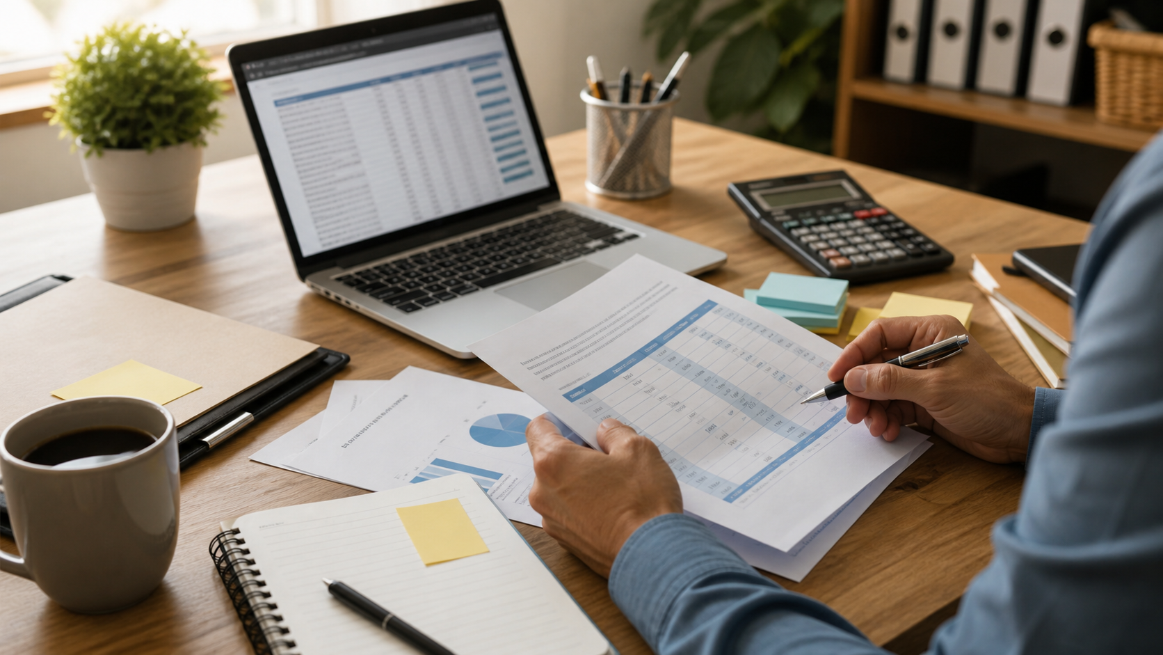 Small business owner reviewing employee benefits paperwork and budget notes
