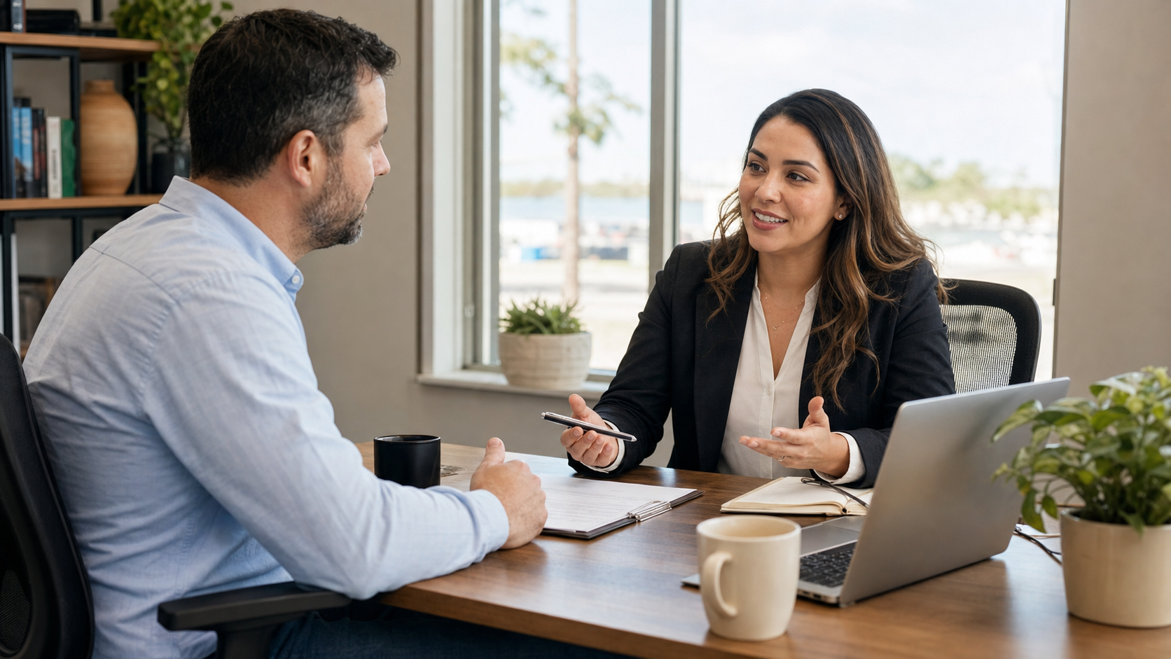 Small business owner meeting with an advisor about employee health benefits in Victoria Texas